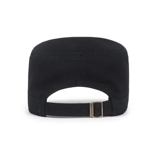 Back view of black cotton cadet hat featuring an adjustable strap with bronze metal buckle