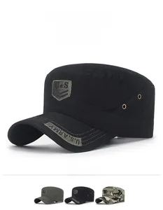 Detail of military flat top cap with U.S. Army embroidery and metal side eyelets