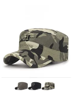 Close-up of military camo flat top cap featuring high-quality assault embroidery