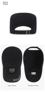 Detailed views of cotton cadet cap showing back strap, top crown and inner lining textures