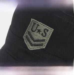 Detailed embroidery patch with U.S. star on durable black canvas military flat top cap