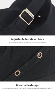 Detail of adjustable metal buckle and ventilation holes on black cotton flat top cap