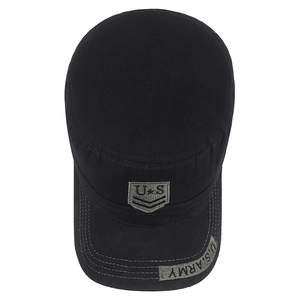 Men's black cotton flat top army cap with camouflage embroidery and U.S. shield badge