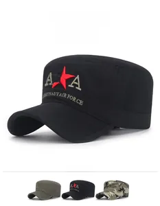 Detail of embroidered star and text logo on a cotton camouflage cadet cap