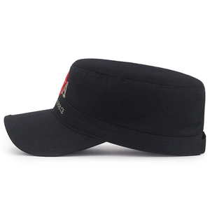 Black cotton military flat top cap with Air Force embroidery on white background
