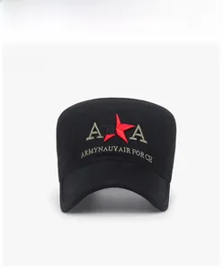 Close-up of black army cap with red star and army air force embroidery detail