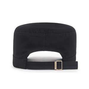 Rear view of black cotton cadet cap with adjustable metal strap buckle on white background