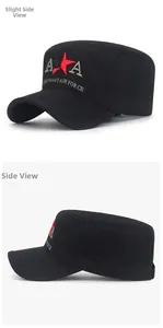 Detail view of black army cadet cap with red star embroidery and side letter stitching
