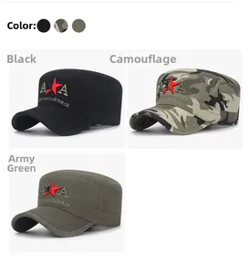Detail view of cotton camo military caps with red star and ARMYNAVY AIR FORCE embroidery