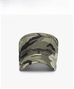 Close-up of jungle camo flat top cap featuring vintage U.S. Army embroidery on the front