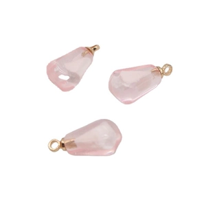 Three pink translucent resin pomegranate seed pendants with golden metal loops for DIY jewelry