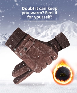 Detailed close-up of dark brown leather gloves with rib-knit cuffs and warm fleece lining