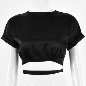Chic black satin cropped top with crew neck, pleated hem, and stylish waist tie detail