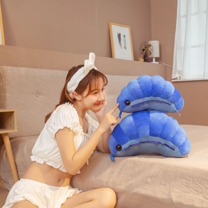 Blue arthropod plush pillow set featuring two caterpillar toys on a bed in a soft bedroom