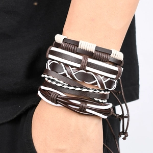 Multilayer leather punk bracelet set for men in brown and white braided cord wrap