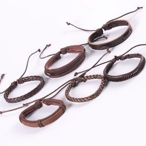 Set of 6 vintage brown leather braided bracelets with adjustable knotted cords for men
