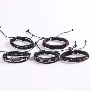 5-piece set of vintage leather punk bracelets with feather and star alloy charms