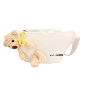 White canvas waist bag featuring a cute 3D teddy bear charm and embroidered branding