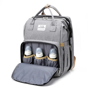 Gray multifunctional diaper backpack with bottle compartments for moms and babies