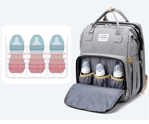 Detail of multi-functional diaper bag featuring three insulated baby bottle compartments