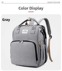 Detail of gray multi-functional diaper backpack with durable fabric and wide straps