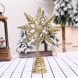 Golden glitter snowflake Christmas tree topper with spiral base for festive decoration