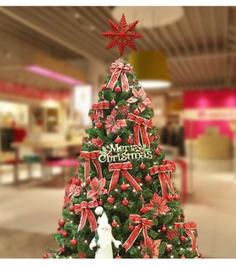 Close-up of red star tree topper, bows and Merry Christmas plaque on festive tree
