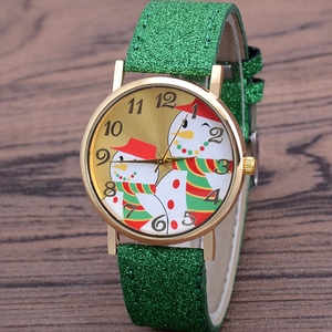 Christmas snowman quartz watch with sparkling green glitter strap and gold-tone case for women