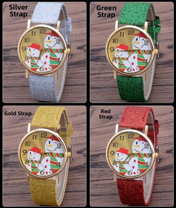 Christmas snowman quartz watch detail with sparkling glitter straps in four festive colors