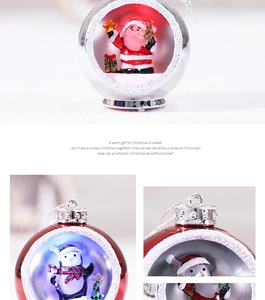 Detail of light-up Christmas ornament ball with Santa Claus and LED snow effect