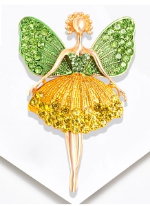 Close-up of ballet dancer brooch featuring emerald wings and yellow rhinestone dress
