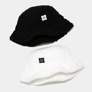 Winter fluffy teddy fleece bucket hat for men and women with minimalist smiley face patch