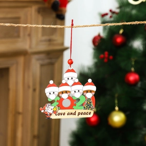 Family of five snowman masked wooden Christmas tree ornament with love and peace message