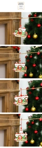 Macro detail of wooden 2021 family Christmas ornaments with face masks and holiday motifs
