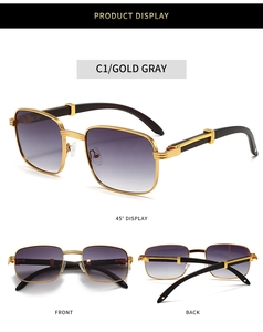 Detailed views of vintage square sunglasses with gold metal frames and wood grain temples