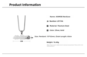 Détails du collier 404MOB en acier titane avec dimensions du pendentif et de la chaîne