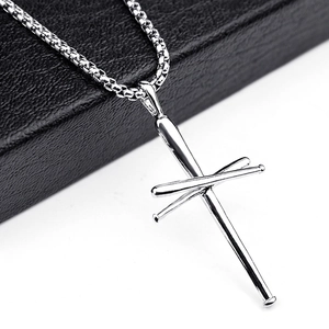 Silver stainless steel baseball bat cross pendant necklace with box chain for men