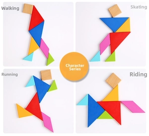 Colorful wooden tangram blocks forming human shapes for children educational learning