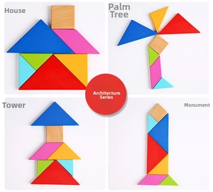 Educational wooden puzzle blocks showing different creative architectural shapes