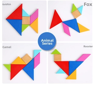 Colorful wooden tetris puzzle blocks forming animal shapes for kids early education