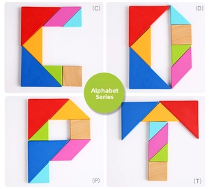 Colorful wooden tetris blocks forming letters C, D, P, and T for educational play