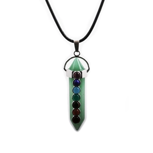 Detail of green hexagonal stone pendant with seven chakra beads on black cord necklace
