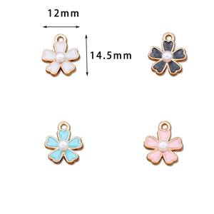 K-gold alloy five-petal flower pendants with pearls in four colors, 12mm x 14.5mm