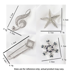 Detailed dimensions and weight for rhinestone music note and pearl brooch collection