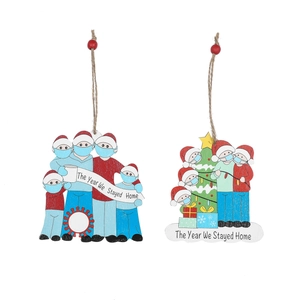 Christmas wooden ornaments featuring Stayed Home pandemic theme with red and blue accents