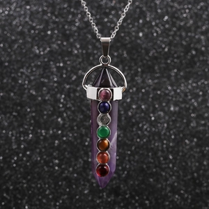 Polished purple hexagonal prism crystal pendant necklace with seven colorful gemstones