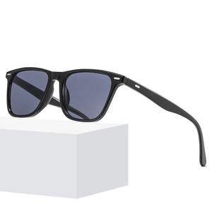 Classic square frame black sunglasses with dark grey lenses and metal rivet details