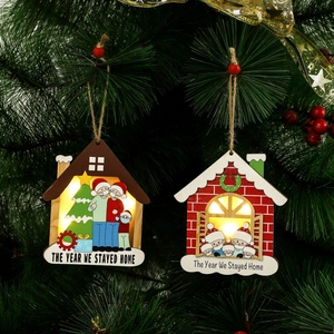 Christmas Wooden House Hanging Ornament Light Up LED Glow Home Decor The Year We Stayed Home Memorial Family With Masks