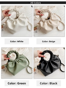 Ruched cloud bags in four colors with round handles and crossbody straps