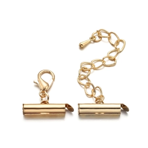 Golden slider tube clasp with lobster claw and extension chain for jewelry making